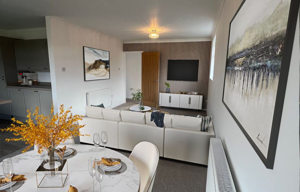 The lounge space of a single-story, dark brick detached bungalow on Waveney Grove