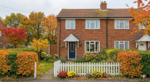 A red-brick semi-detached house with a white picket fence surrounded by autumn foliage, with orange and red leaves in the garden and trees.