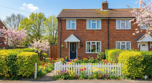 A red-brick semi-detached house with a white picket fence, flowering trees and colourful spring flowers in a neatly kept front garden.