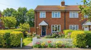 A red-brick semi-detached house with a white picket fence and lush green garden in full summer bloom under a bright blue sky.