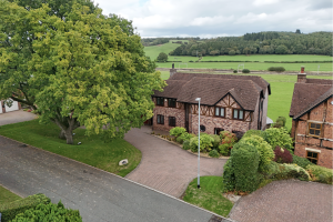 Detached brick house with driveway and mature tree, set against open countryside views in a quiet residential setting.
